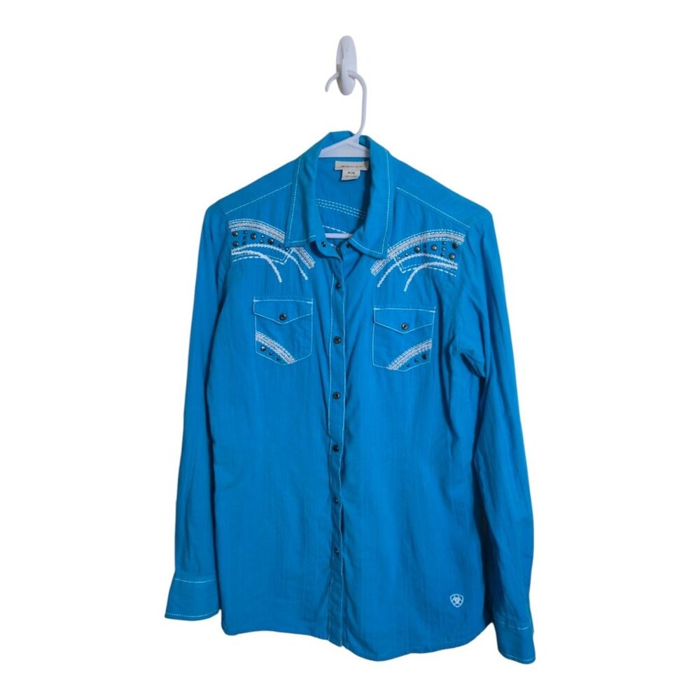 Ariat Top Women M Blue Fitted Pearl Snap Western Rancher Boho Cowgirl Rodeo